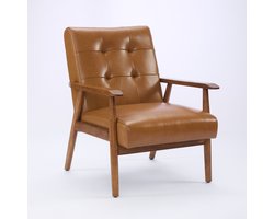 Re-purelife® Massief Hout Collectie - Klassieke Fauteuil met Massief Houten Poten - Luxe Stoel met Echt Leren Zitting - Loungestoel met Zachte Schuim - Elegant en Robuust - Draagvermogen 150 kg - 64x80x83 cm - Lichtbruin