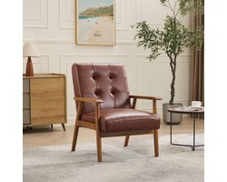 Re-purelife® Massief Hout Collectie - Klassieke Fauteuil met Massief Houten Poten - Luxe Stoel met Echt Leren Zitting - Loungestoel met Zachte Schuim - Elegant en Robuust - Draagvermogen 150 kg - 64x80x83 cm - Bruin