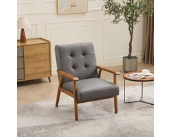 Re-purelife® Massief Hout Collectie - Klassieke Fauteuil met Massief Houten Poten - Luxe Stoel met Echt Leren Zitting - Loungestoel met Zachte Schuim - Elegant en Robuust - Draagvermogen 150 kg - 64x80x83 cm - Grijs