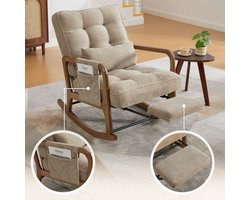 Re-purelife® Massief Hout Collectie Schommelstoel met Voetensteun - Ergonomische Corduroy Fauteuil met Lendekussen en Zijvak - Verstelbare Rugleuning - Khaki - 70×80×92 cm - Draagvermogen 150 kg