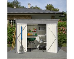 Re-purelife® Metalen Tuinhuis 229x111x182 cm – Weerbestendig Gereedschapsschuur met Ventilatie & Schuin Dak – Inclusief Stevig Metalen Fundament (Zonder Vloer) – Roestvrij – Tuinberging voor Gereedschap, Fietsen & Afvalbakken - Grijs