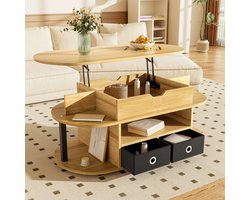 Re-purelife® Modern en Multifunctional Salontafel Verstelbare - Verhoogbaar Blad als Werk/Eetplaat & Unique Stof Laden - Woonkamer Tafel Stabiel Metalen Frame en Poten 105x50x45-60 cm - Opbergkast Natuur Kleur & Zwart