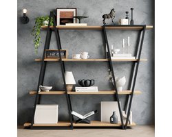 Re-purelife® modern geometrisch staand boekenkast 158×35×166 cm - open metalen vakkenkast met 4 MDF planken in eikenlook, zwart/bruin - driehoek design voor woonkamer, keuken en werkkamer