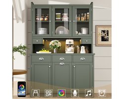 Re-purelife® Modern grote keukenkast met app-gestuurde LED-verlichting - opbergkast/buffetkast 120 × 40 × 180 cm - mooie vitrinekast glazen deuren, 3 lades en grote opbergruimte - groen