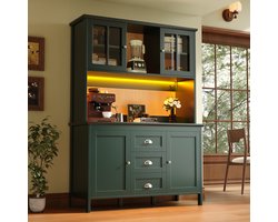 Re-purelife® modern keukenkast 120 × 40 × 179 cm - groen dressoir met bruine glazen deuren, lades, verstelbare planken en LED-verlichting, hoge opbergkast voor keuken of woonkamer - mooie vitrinekast/buffetkast