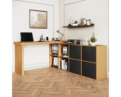 Re-purelife® Modern Office Bureau 140x48x78 cm - Multifunctioneel 360° Draaibaar - Ruimtebesparend L-Vormig Hoekbureau met 4 Lades & 4 Vakken - Versterkt 4cm Materiaal - Flexibel 2-in-1 Sideboard & Werkblad - Kantoor- en Computerbureau - Zwart & Eik