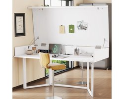 Re-purelife® Modern Office Bureau met Verborgen Opbergvak 120x55x76 cm - Afsluitbaar Werkblad met Hydraulisch Systeem - Ingebouwd Stopcontact - Veilig voor Kinderen & Katten - Multifunctioneel Opbergbureau - Wit