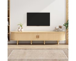 Re-purelife® Modern TV Meubel Eiken Look Veel Opbergruimte met 2 Schuifdeuren & 2 Laden - Ovaal Veilig Artistieke Design Lowboard 175x40x42 cm - TV Kast/Opbergkast met Hout Poten