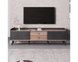 Re-purelife® Modern TV Meubel met Opbergruimte Schuifdeuren en 2 Laden - TV Kast/Lowboard 160x40x58 cm - Woonkamer Opbergmeubel met Gestreept Design en Houten Poten - Veilige en Stabiele Constructie - 160*40*58 cm - Zwart & Bruin