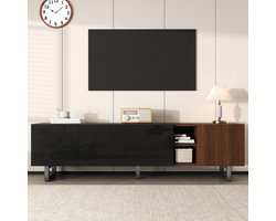 Re-purelife® Modern TV Meubel met Veel Opbergruimte - Zwart Naturel - Hoogglans & Houtnerf - Elegant en Stijlvol TV Kast/Lowboard 180x38x50 cm - Stabiele en Robuuste Constructie