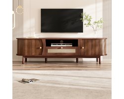 Re-purelife® Modern TV Meubel Natuurlijk Walnoot design -TV Kast met Opbergruimte Rotan Laden & Schuifdeuren - Multifunctioneel Mediakast/Lowboard 165x37x46 cm - Opbergkast met Stevige Houten Poten - Landelijk Woonkamer Meubel