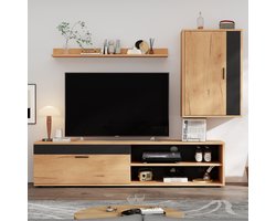 Re-purelife® Modern TV Meubel Set met TV Kast, Wandkast en Plank - 3-Delig Woonkamer Set met Veel Opbergruimte - Eiken en Zwart