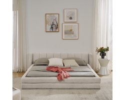Re-purelife® Modern Tweepersoonsbed Frame 160x200 cm - Bedbodem Zonder Matras - Stevig Eucalyptus & IJzer Frame Max. Belasting 300 kg - Laag en Makkelijk Opstaan - Zachte Chenille Stof - Slaapkamer Meubels - Makkelijk te Monteren - Beige