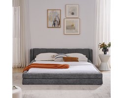 Re-purelife® Modern Tweepersoonsbed Frame 160x200 cm - Bedbodem Zonder Matras - Stevig Eucalyptus & IJzer Frame Max. Belasting 300 kg - Laag en Makkelijk Opstaan - Zachte Chenille Stof - Slaapkamer Meubels - Makkelijk te Monteren - Donkergrijs
