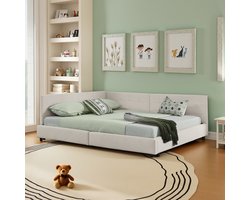 Re-purelife® Modern Tweepersoonsbed Frame 160x200 cm - L-Vormig Hoekbed - Bedbodem Zonder Matras - Max. Belasting 300 kg - Hoge Rugleuning - Stevig Frame met Zachte & Luxe Fluweel Stof - Beige