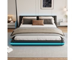Re-purelife® Modern Vloerbed - Comfortabel Japans Bed/Laagbed - Laag Bodemledikant Zonder Matras - Met LED Omgevingslicht & Afstandsbediening - Draagvermogen 220 kg - Duurzaam PU Materiaal - 160x200 cm - Zwart