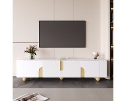 Re-purelife® Modern Wit TV Meubel met Houten Poten & Marmerlook - 4-Deuren Media Kast 180x40x44 cm - Opbergmeubel voor Woonkamer - Stabiele Constructie