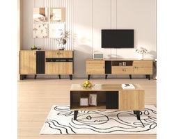 Re-purelife® Modern Woonkamer Meubel Set 3-Delig met veel Opbergruimte - Salontafel 100x60x45 cm, TV Meubel 170x40x50,5 cm & Sideboard met LED Verlichting 140x41x78,5 cm - Zwart Eiken - Stijlvol & Stevig