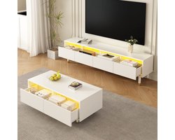 Re-purelife® Modern Woonkamer Meubel Set met Veel Opbergruimte, LED Verlichting met Afstandsbediening – TV Meubel 178 x 35 x 45 cm + Salontafel 110 x 50 x 40 cm – TV Kast & Coffee Tafel, Golfstructuur Design, Wit