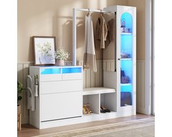 Re-purelife® Moderne Gangmeubel met Opbergruimte 163x35x161 cm - 6-in-1 Garderobekast met Kleerrek, Schoenenkast, Opbergbank, LED Verlichting & Spiegel - Kapstok Halmeubel, Stevig & Stijlvol - Wit