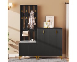 Re-purelife® Moderne Garderobe Set van 2 - Schoenenkast met 2 Laden & 2 Deuren + Kapstok met Kussen - Gangmeubel & Meubel voor de Hal Compact Design 60,5x35,2x180,5 cm & 83x35x101 cm - Zwart