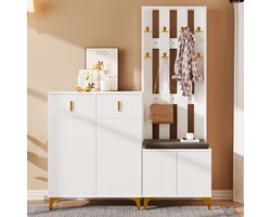 Re-purelife® Moderne Garderobe Set van 2 - Schoenenkast met 2 Laden & 2 Deuren + Kapstok met Kussen - Gangmeubel & Meubel voor de Hal Compact Design 60,5x35,2x180,5 cm & 83x35x101 cm - Wit
