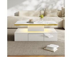 Re-purelife® Moderne Hoogglans Salontafel met Opbergruimte & LED – 100x50x38,5 cm – Koffietafel met Lade & 2 Opbergniveaus – Bijzettafel Design Meubel voor Woonkamer – Wit