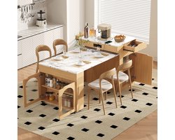 Re-purelife® Moderne Keukeneiland met Wielen 80×56,2×93 cm - Uitschuifbare Eettafel/bartafel met Stopcontacten - Elegant Dressoir met 2 Lades en Transparante Glazen Deuren in Naturel