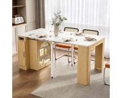 Re-purelife® Moderne Keukeneiland met Wielen 83×39,6×77 cm - Uitschuifbare Eettafel met Afneembaar Tafelblad - Stijlvolle Serveerwagen met Stopcontacten, Opbergruimte en Transparant Ribbelglas - Naturel