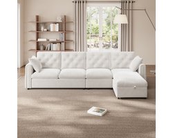 Re-purelife® Moderne L-Vormige Hoekbank met Opbergruimte - Luxe en Duurzame Fluweel Bekleding - Verstelbare Configuratie Rechts & Links - 281x132x86 cm - Beige