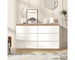 Re-purelife® Moderne Ladekast met 6 Laden - Wit & Eiken Look - Opbergkast 110x40x67.5 cm voor Slaapkamer of Woonkamer - Robuuste en Stabiele Constructie