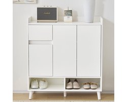 Re-purelife® Moderne Opbergkast met Griffloos Push-to-Open Design en Verstelbare Planken - Sideboard & Schoenenkast van Massief Hout met Afgeronde Hoeken - Hoogwaardig Meubel 90x35x99 cm voor Hal en Woonkamer - Wit
