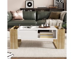 Re-purelife® Moderne Salontafel met Grote Opbergruimte – 105x60x40 cm – Hoogglans Wit & Hout – Met Lade en Open Vakken – Woonkamer Tafel