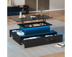 Re-purelife® Moderne Salontafel met LED Verlichting en Uitschuifbaar Blad - Hoogglans Zwarte Tafel met 4 Klik-open Lades - App Gestuurde RGB Verlichting - Multifunctionele Woonkamertafel 90x55x41 cm - Zwart