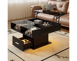 Re-purelife® Moderne Salontafel met Lift & LED Verlichting - Multifunctioneel met Opbergruimte en Bluetooth App Bediening - Hoogte Verstelbaar 78x78x45.5-59.5 cm - Elegant Glossy Design voor Woonkamer en Kantoor - Zwart