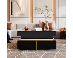 Re-purelife® Moderne Salontafel met Opbergruimte - Hoogglans Salontafel met Gouden Accenten & 2 Laden - Elegant en Stijlvol Woonkamer Meubel 70x70x35.5 cm - Zwart