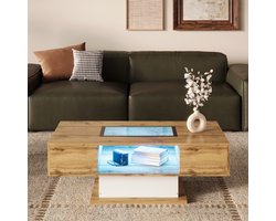 Re-purelife® Moderne Salontafel met Opbergruimte & LED Verlichting – 110x60x39,7 cm – Houten Koffietafel met Glasplaat, 2 Lades & Open Opbergruimte – Woonkamer Tafel Natuurlijk Hout