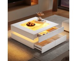 Re-purelife® Moderne Salontafel Wit met Opbergruimte 3 Laden - Compacte Coffee Table/koffietafel 70x70x35 cm met Gehard Glas Blad - App Gestuurde RGB Verlichting - Hoogglans Salontafel Woonkamer Tafel
