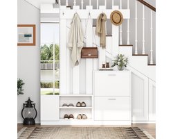Re-purelife® Moderne & Stevige Halmeubel Met Spiegel 135x25x180cm – Garderobekast Met Schoenenkast, Kapstokhaken & Opbergruimte – 5-in-1 Kast Voor Hal of Ingang – Compact Design Voor Kleine Ruimtes – Wit