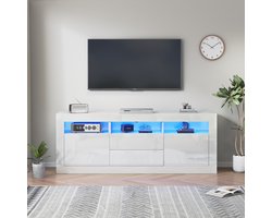 Re-purelife® Moderne TV Meubel Hoogglans Wit met LED – 160x35x60 cm – App Bediening – Push-to-Open Lades – TV Kast met Open Vakken en Deuren – Stijlvolle Opbergkast