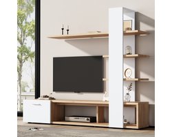 Re-purelife® Moderne TV-meubel set 180 × 33,5 × 151,5 cm – TV kast - met open en gesloten opbergruimte – stevige houten constructie – woonkamer wandmeubel – Wit & Natuur