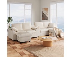 Re-purelife® Moderne U-Vormige Bank met Zacht en Langdurig Ribfluweel - Grote 4-Zits U-Bank met Oplaadstation - Modulaire Woonkamer Bank met Opbergkrukken - 315x135x81 cm - Inclusief 2 Multifunctionele Krukken - Beige