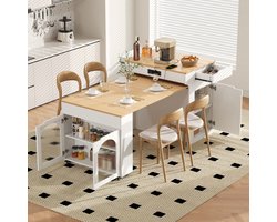 Re-purelife® Moderne verrijdbare keukeneiland 80×56,2×93 cm - Uitschuifbare eettafel bartafel met stopcontacten - Elegant wit dressoir met 2 laden en transparante glazen deuren
