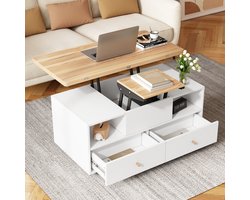 Re-purelife® Moderne Verstelbare Salontafel met veel Opbergruimte 4 Lades & Hydraulisch Anhebend Tafelblad – 100x50x47,5 cm – Houten Koffietafel met Klapfunctie, Wieltjes & Multifunctioneel Design – Natuurhout & Wit
