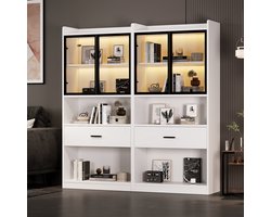 Re-purelife® Moderne Vitrinekast 160x35x153 cm Wit met Zwarte Accenten – LED Verlichting 16 Kleuren, Glazen Push-to-Open Deuren, Grote Lade & Verstelbare Planken – Stijlvolle Opbergkast & Boekenkast voor Woonkamer & Kantoor