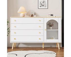Re-purelife® Moderne Witte Kommode/Dressoir met Veel Opbergruimte 120x40x77 cm - 4-Laags Ladekast met Gouden Handgrepen - Multifunctionele Opbergkast voor Slaapkamer, Woonkamer of Keuken - Anti-Kip Beveiliging