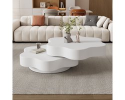 Re-purelife® Moderne Witte Salontafel Bloemvorm 74,8x67,5x31 cm – 360° Draaibare Tafel met 2 Lagen, Uniek Design Kindvriendelijk & Ruimtebesparend MDF – Elegant & Multifunctioneel