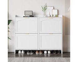 Re-purelife® Moderne Witte Schoenenkast met 4 Klepdeuren en Uitschuifbaar Vak - Smalle Opbergkast met Boogvormig Design - Space Saving Meubel voor de Hal 110x24x90 cm