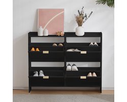 Re-purelife® Moderne Zwarte Schoenenkast met 4 Klepdeuren en Uitschuifbaar Vak - Smalle Opbergkast met Boogvormig Design - Space Saving Meubel voor de Hal 110x24x90 cm