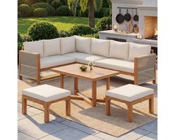 Re-purelife® modulaire tuinmeubelset acaciahout 6-zits hoekbank met kussens, 2 hockers en tafel, beige, ademend & spatwaterbestendig, voor terras en tuin